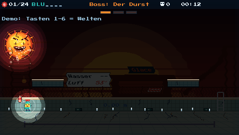 Der Boss mit einem Leben, das Licht ist aus, nur der Boss und Blubbi leuchten